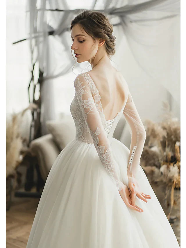 Ball Gown Wedding Dresses V Neck Chapel Train Tulle Long Sleeve Formal with Pleats Appliques