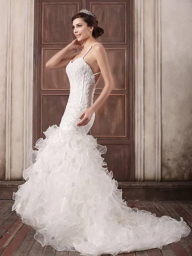 Wedding Dresses Sweetheart Neckline Court Train Lace Organza Satin Spaghetti Strap Sexy Illusion Detail Backless with Beading Appliques Cascading Ruffles