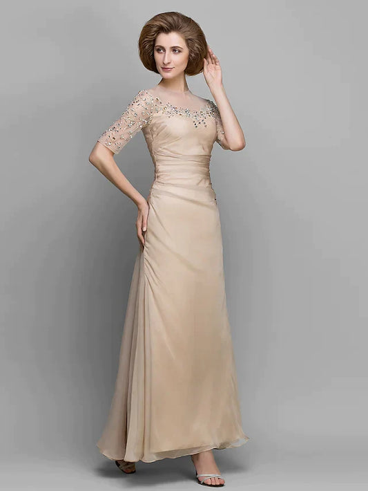 A-Line Mother of the Bride Dress Vintage Inspired Jewel Neck Ankle Length Chiffon Half Sleeve with Ruched Beading