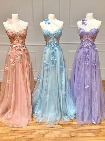 A Line One Shoulder Long Light Blue Lilac Prom Dress With Appliques