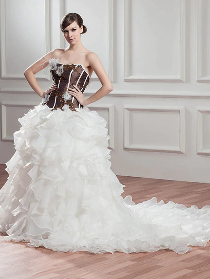 A-Line Wedding Dresses Strapless Chapel Train Lace Organza Satin Strapless with Beading Appliques Cascading Ruffles