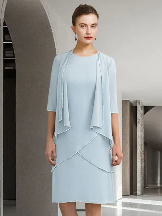 Mother of the Bride Dress Elegant Jewel Neck Knee Length Chiffon Lace Half Sleeve with Beading Ruffles