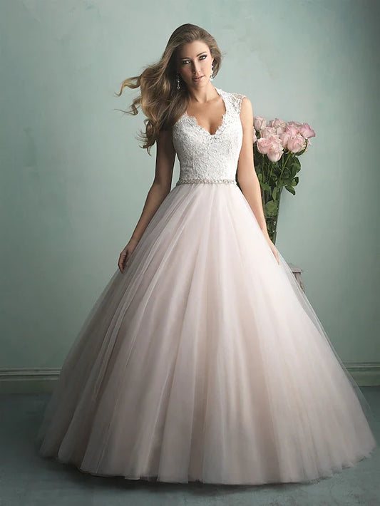 A-Line Wedding Dresses V Neck Tulle Regular Straps Romantic See-Through Illusion Detail Backless with Beading Lace Insert