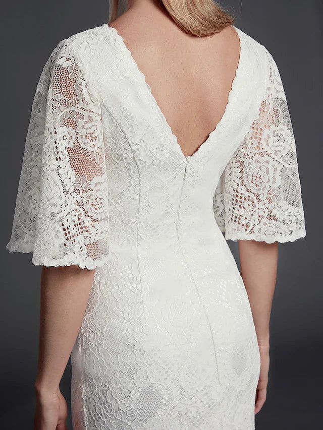 Wedding Dresses V Neck Lace Half Sleeve Beautiful Back with Lace