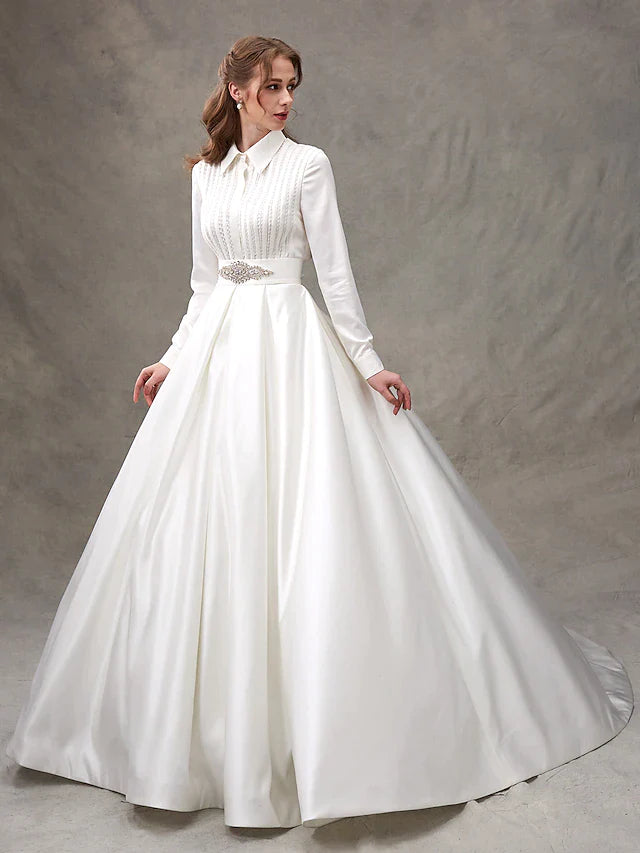 Ball Gown Wedding Dresses High Neck Satin Long Sleeve Glamorous Sparkle & Shine with Bowknot Sash Ribbon Beading