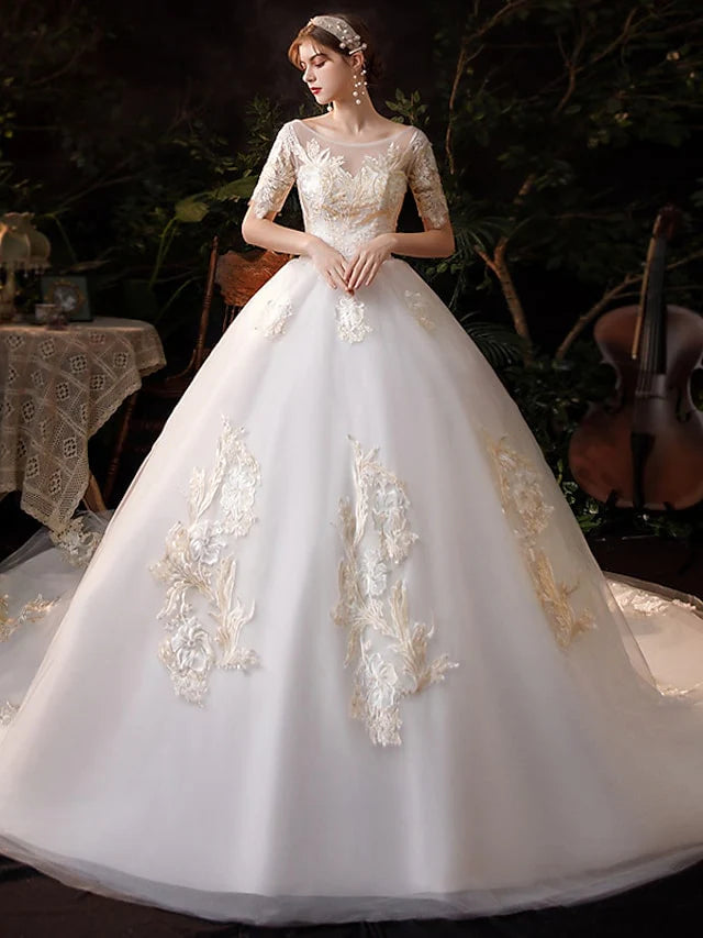 Princess Ball Gown Wedding Dresses Jewel Neck Chapel Train Lace Tulle Short Sleeve Formal Luxurious with Appliques