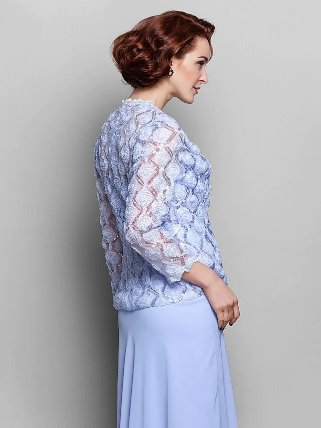 Mother of the Bride Dress Wrap Included Straps Tea Length Chiffon Lace Long Sleeve with Lace