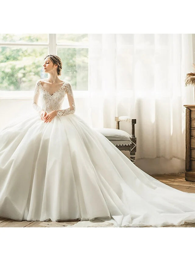 Ball Gown Wedding Dresses V Neck Chapel Train Tulle Long Sleeve Formal with Pleats Appliques