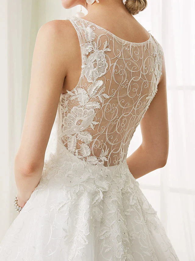 Ball Gown Wedding Dresses Bateau Neck Court Train Beaded Lace Regular Straps See-Through Beautiful Back with Beading Appliques