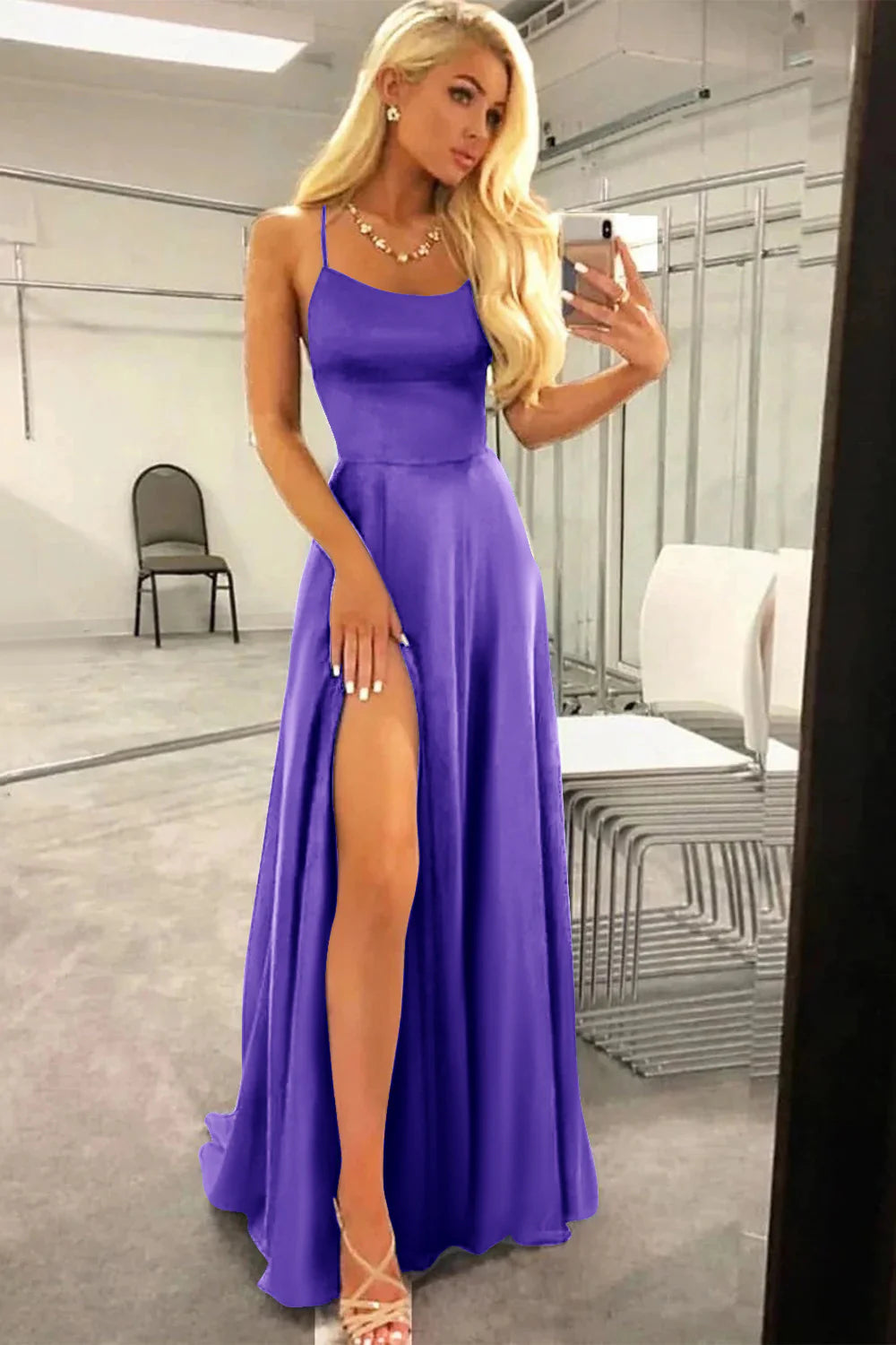 Orchid Square Neck Halter Lace-Up Back Backless A Line Satin Prom Dress