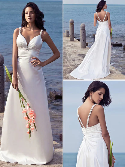 Wedding Dresses Sweetheart Neckline Stretch Satin Spaghetti Strap Open Back with Beading