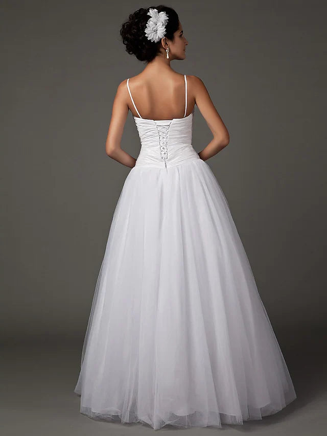 A-Line Wedding Dresses Sweetheart Neckline Spaghetti Strap Floor Length Taffeta Tulle Sleeveless