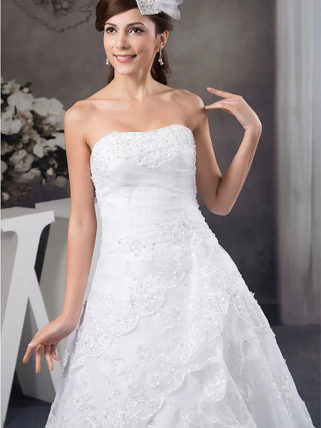 A-Line Wedding Dresses Strapless Chapel Train Lace Organza Satin Strapless with Beading Appliques Cascading Ruffles