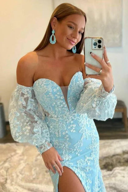 Lace Strapless Puff Sleeve Long Prom Dress
