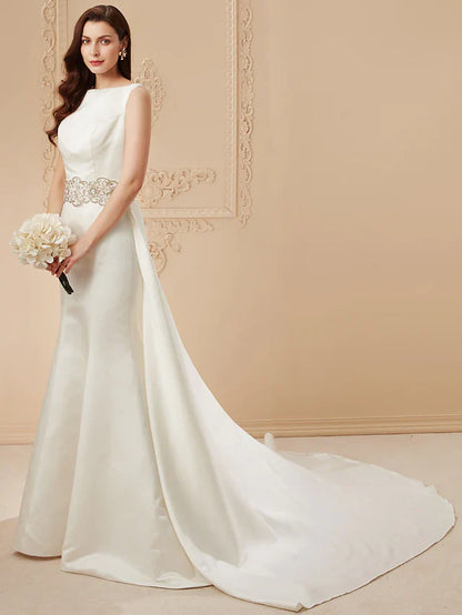 Wedding Dresses Bateau Neck Cathedral Train Satin Regular Straps Vintage Inspired with Beading