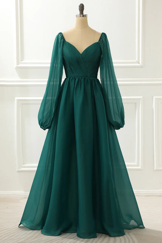 A Line Chiffon V-Neck Long Sleeves Retract Your Waist Prom Dress with Ruffles