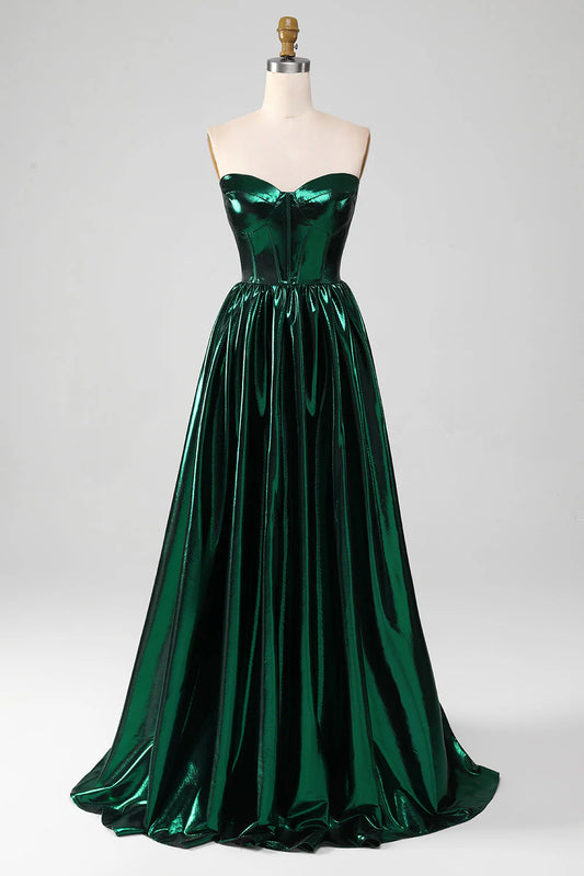 Glitter Dark Green Off-the-Shoulder Corset Metallic Pleats Long Prom Dress