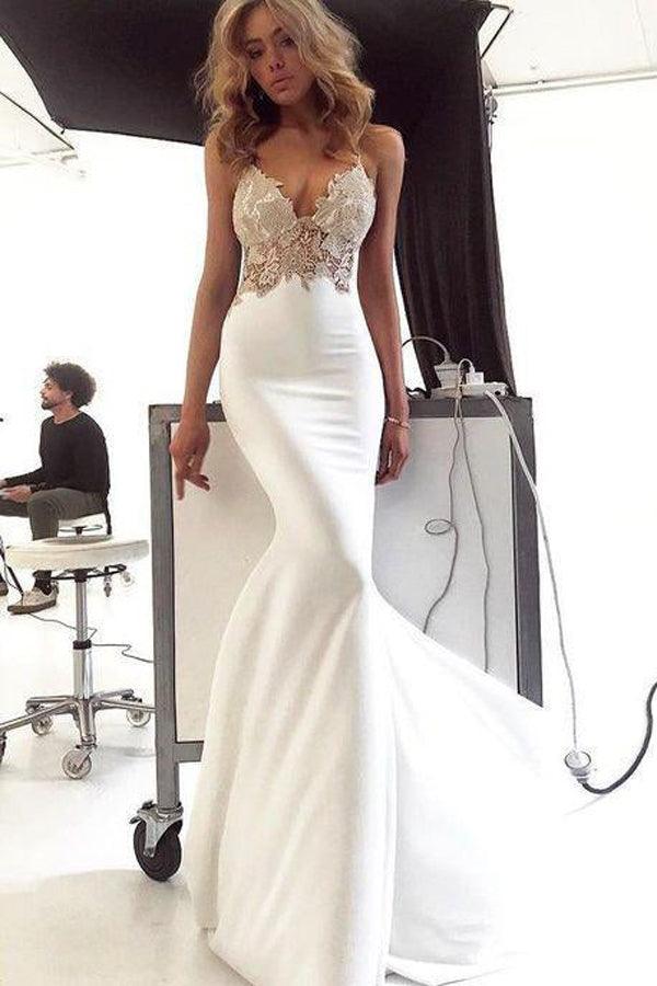 Deep V Neck Mermaid Spaghetti Straps Backless Wedding Dress