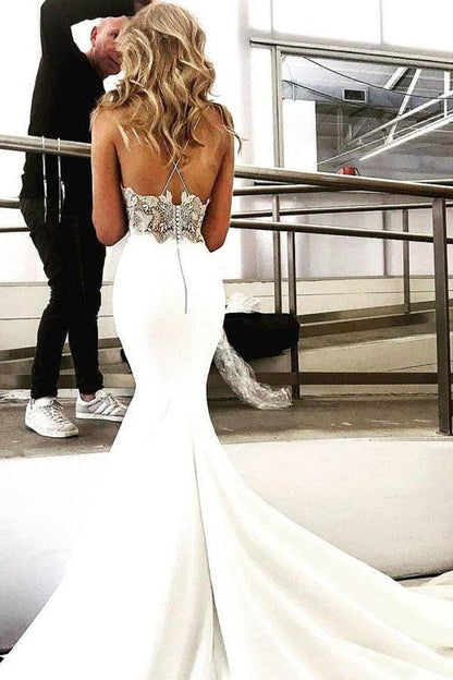 Deep V Neck Mermaid Spaghetti Straps Backless Wedding Dress