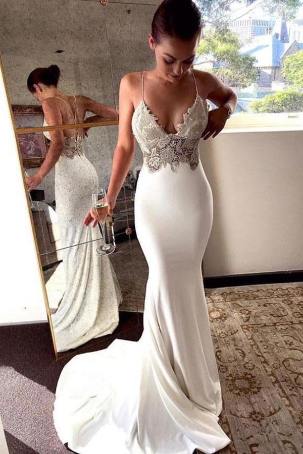 Deep V Neck Mermaid Spaghetti Straps Backless Wedding Dress