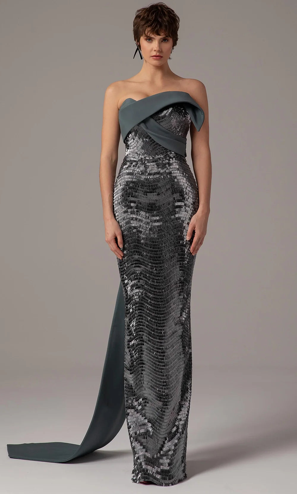 Dramatic Gunmetal Sequin Strapless Mermaid Gown with Oversized Bow Detail, Evening Dresses
