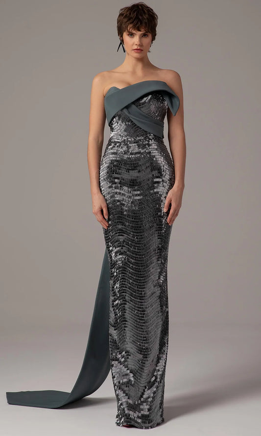 Dramatic Gunmetal Sequin Strapless Mermaid Gown with Oversized Bow Detail, Evening Dresses