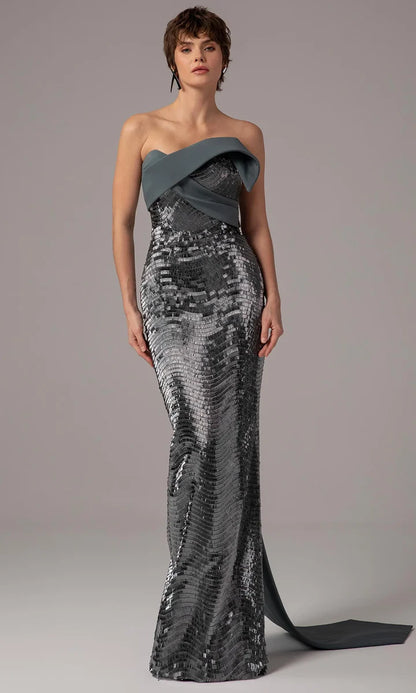 Dramatic Gunmetal Sequin Strapless Mermaid Gown with Oversized Bow Detail, Evening Dresses