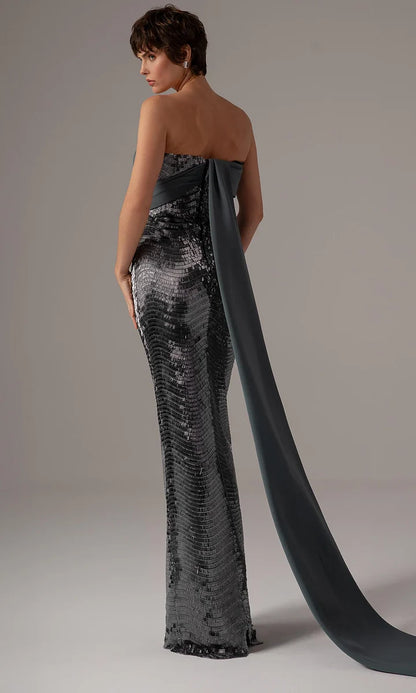 Dramatic Gunmetal Sequin Strapless Mermaid Gown with Oversized Bow Detail, Evening Dresses