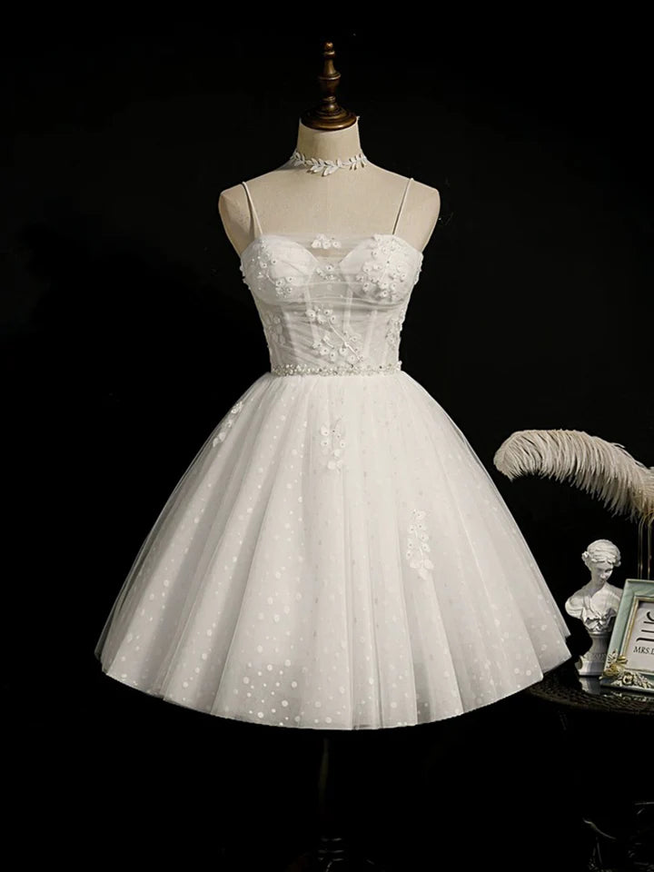 Sweet Heart-shaped collar  Tulle White Polka Dots Lace Spaghetti Strap Short Prom Dress lovely Homecoming Dress