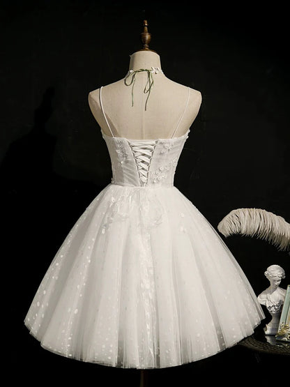 Sweet Heart-shaped collar  Tulle White Polka Dots Lace Spaghetti Strap Short Prom Dress lovely Homecoming Dress