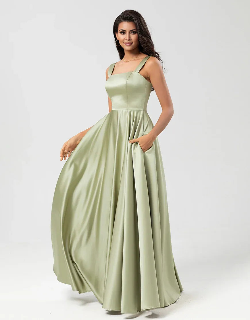 Satin A Line Green Square Neck  Sleeveless Bridesmaid Dress with Pockets