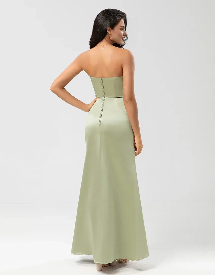 Strapless Off-the-Shoulder Satin Sheath Green Slim-fit Bridesmaid Dress