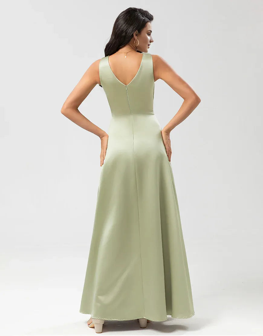 Satin Round Neck Green Sleeveless Bridesmaid Dress with Pleated