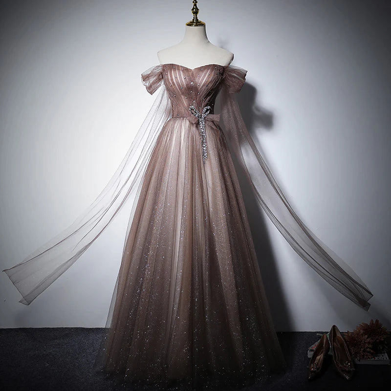 Dusty Mauve Off-the-Shoulder Sweetheart Rhinestone Bow Glitter Tulle A-Line Lace-Up Back Floor-Length Evening Dress
