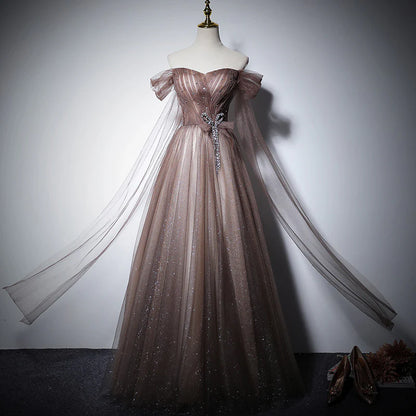Dusty Mauve Off-the-Shoulder Sweetheart Rhinestone Bow Glitter Tulle A-Line Lace-Up Back Floor-Length Evening Dress