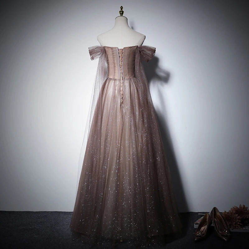 Dusty Mauve Off-the-Shoulder Sweetheart Rhinestone Bow Glitter Tulle A-Line Lace-Up Back Floor-Length Evening Dress