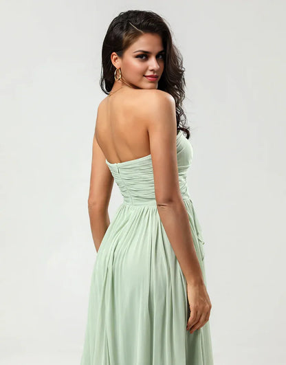 Strapless A Line Off-the-Shoulder Chiffon Green Bridesmaid Dress with Pleated