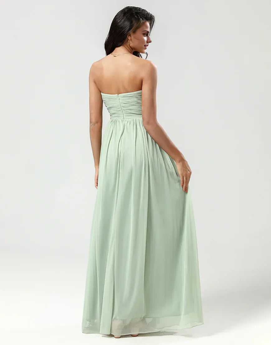 Strapless A Line Off-the-Shoulder Chiffon Green Bridesmaid Dress with Pleated