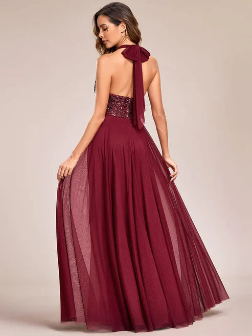 Sequin Halter Neck Top A-Line Backless Evening Dress with Tulle/Prom Dresses Party Dresses