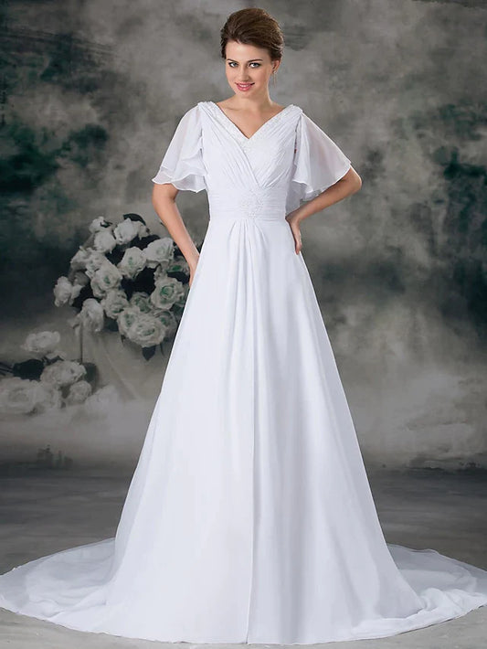 A-Line Wedding Dresses V Neck Chapel Train Chiffon Satin Short Sleeve with Ruched Beading