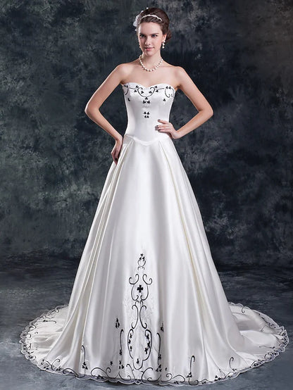 A-Line Wedding Dresses Strapless Court Train Organza Satin Strapless with Embroidery