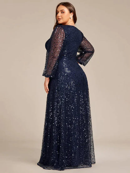 Shimmering All Over V-Neck Long Lantern Sleeve Sequin A-Line Evening Dress/Prom Dresses