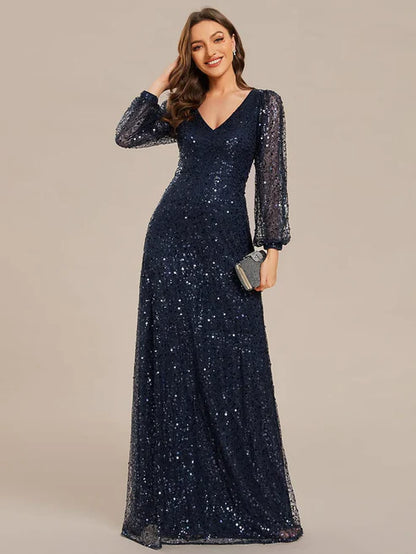 Shimmering All Over V-Neck Long Lantern Sleeve Sequin A-Line Evening Dress/Prom Dresses