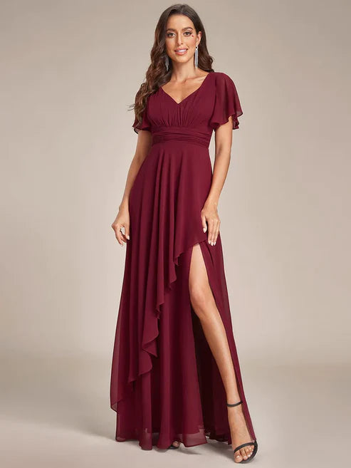 Ruffles Sleeve High Slit with Louts Leaf Chiffon Evening Dress/Prom Dresses Party Dresses Wedding Guest Dresses