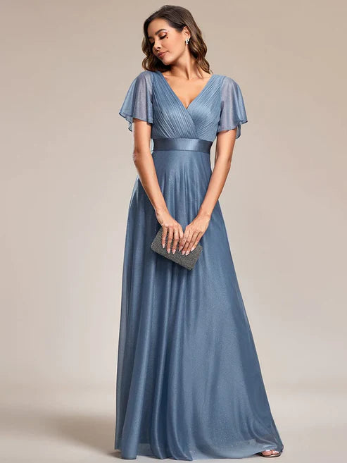 Sparkling Short Sleeve V-Neck Ribbon Waist A-Line Evening Dress/Prom Dresses Party Dresses Wedding Guest Dresses