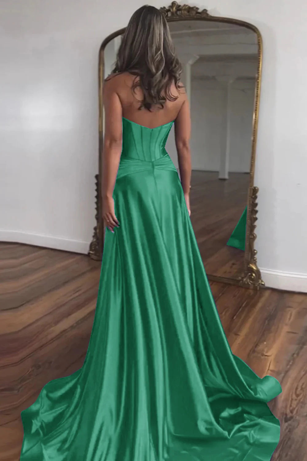 Hunter Green Sweetheart Zipper Back A-Line Off-the-Shoulder Long Satin Prom Dress With Split
