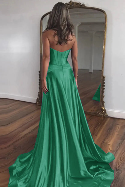 Hunter Green Sweetheart Zipper Back A-Line Off-the-Shoulder Long Satin Prom Dress With Split