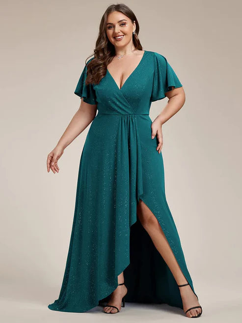 Plus Size Glitter Ruffled High-Low Front Slit Evening Dress/Prom Dresses Party Dresses Wedding Guest Dresses