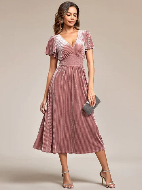 Graceful V-Neck Waist Design Short Sleeves Fall Velvet Midi Wedding Guest Dress/Prom Dresses Party Dresses