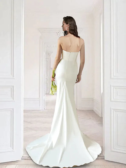 Wedding Dresses V Neck Court Train Detachable Satin Sleeveless Simple with Ruffles